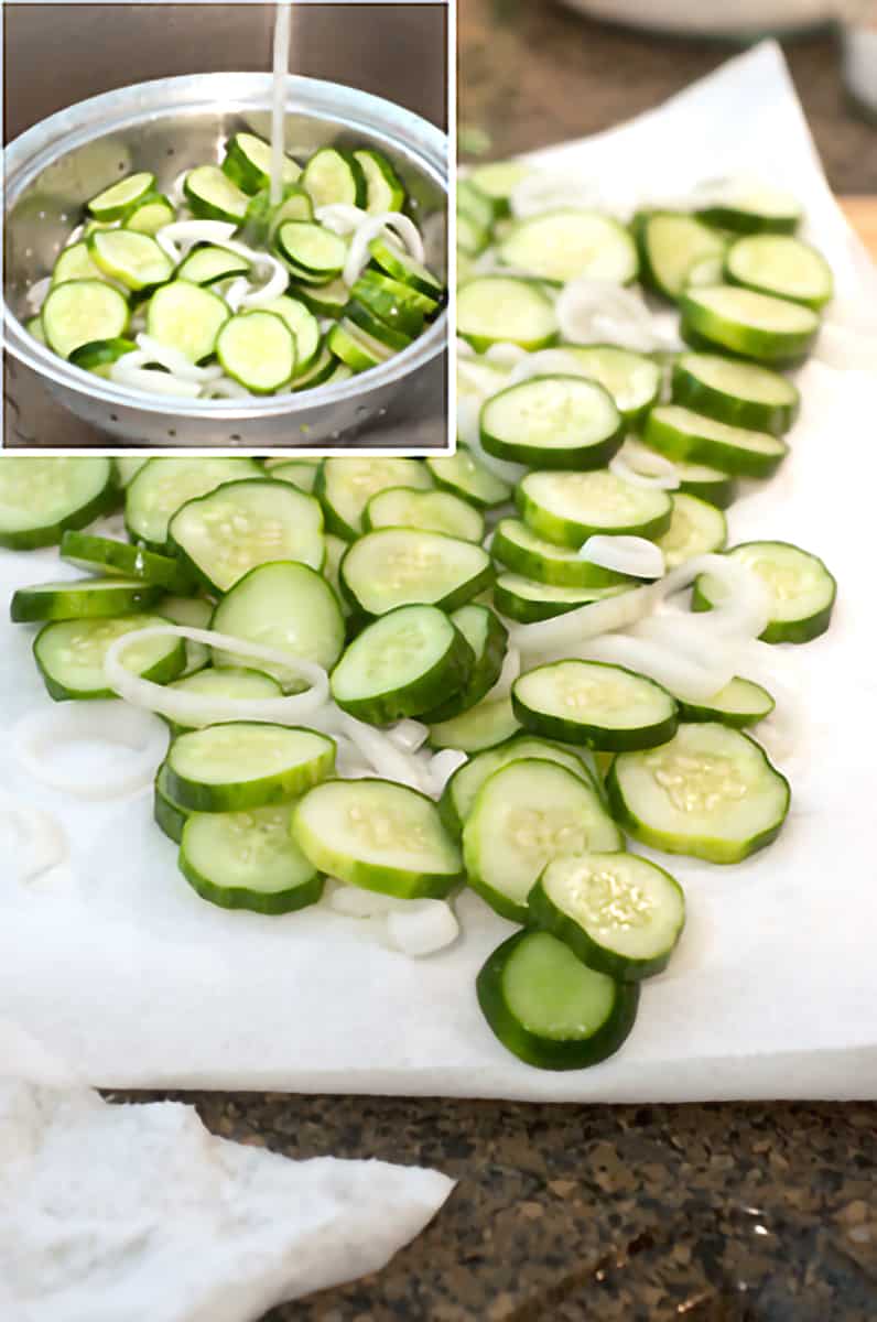 Photo collage showing the vegetables being rinsed in a colander and draining on paper towels.