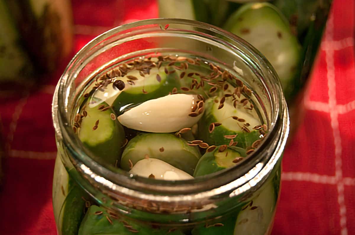 Peeled garlic cloves on top of brine in jar.