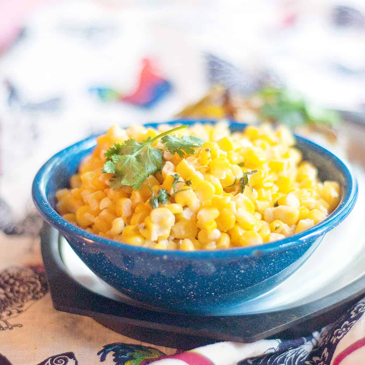 Mexican Street Corn Salad in a blue bowl.
