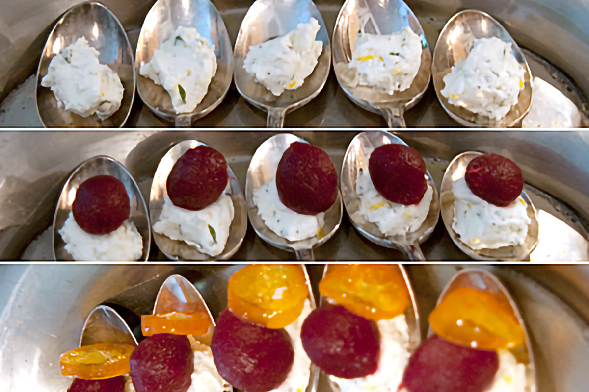 Assemble the pickled beet amuse bouche Assembling the appetizer in individual spoons.