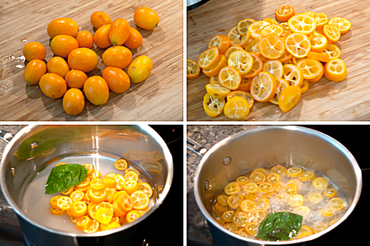 Photo collage showing the steps required for creating the candied kumquat slices.