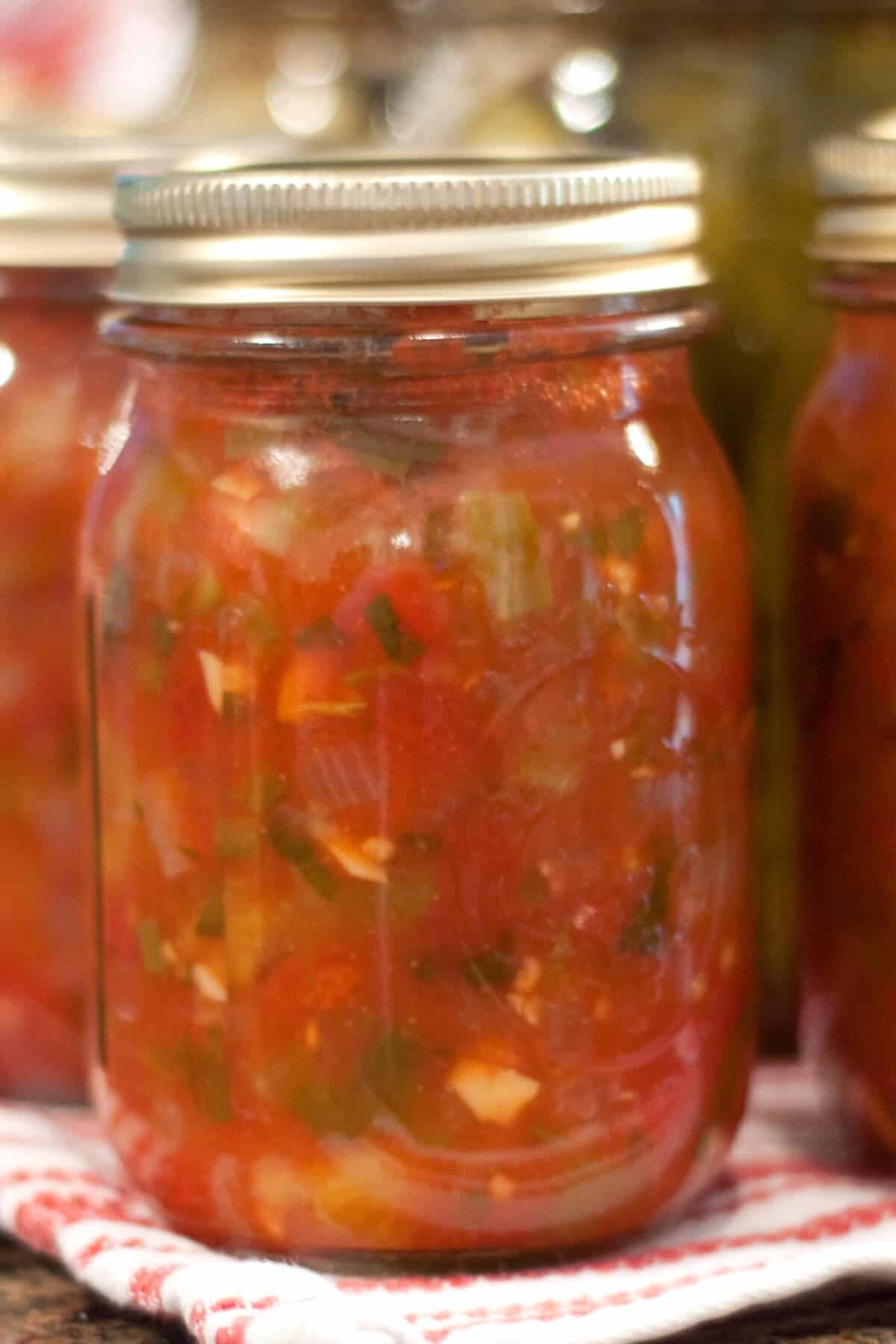 Jars of finished canned salsa sitting on a kitchen towel.