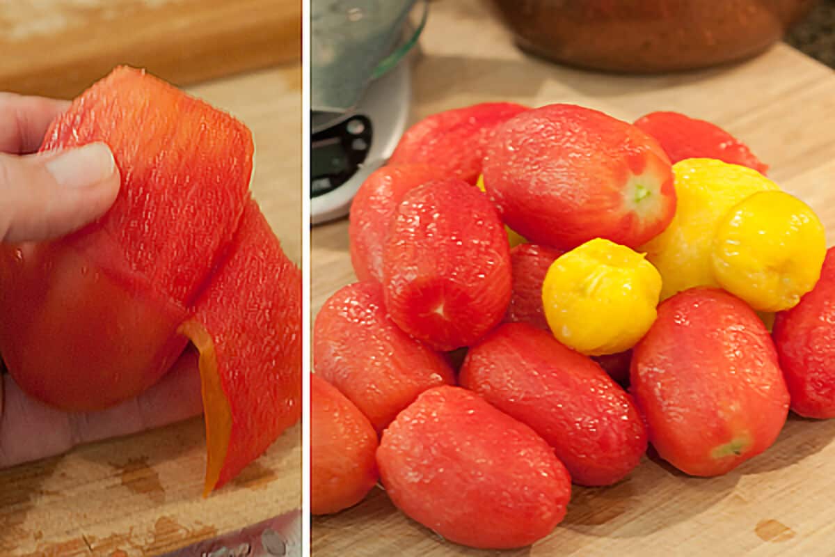 Tomatoes being peeled.