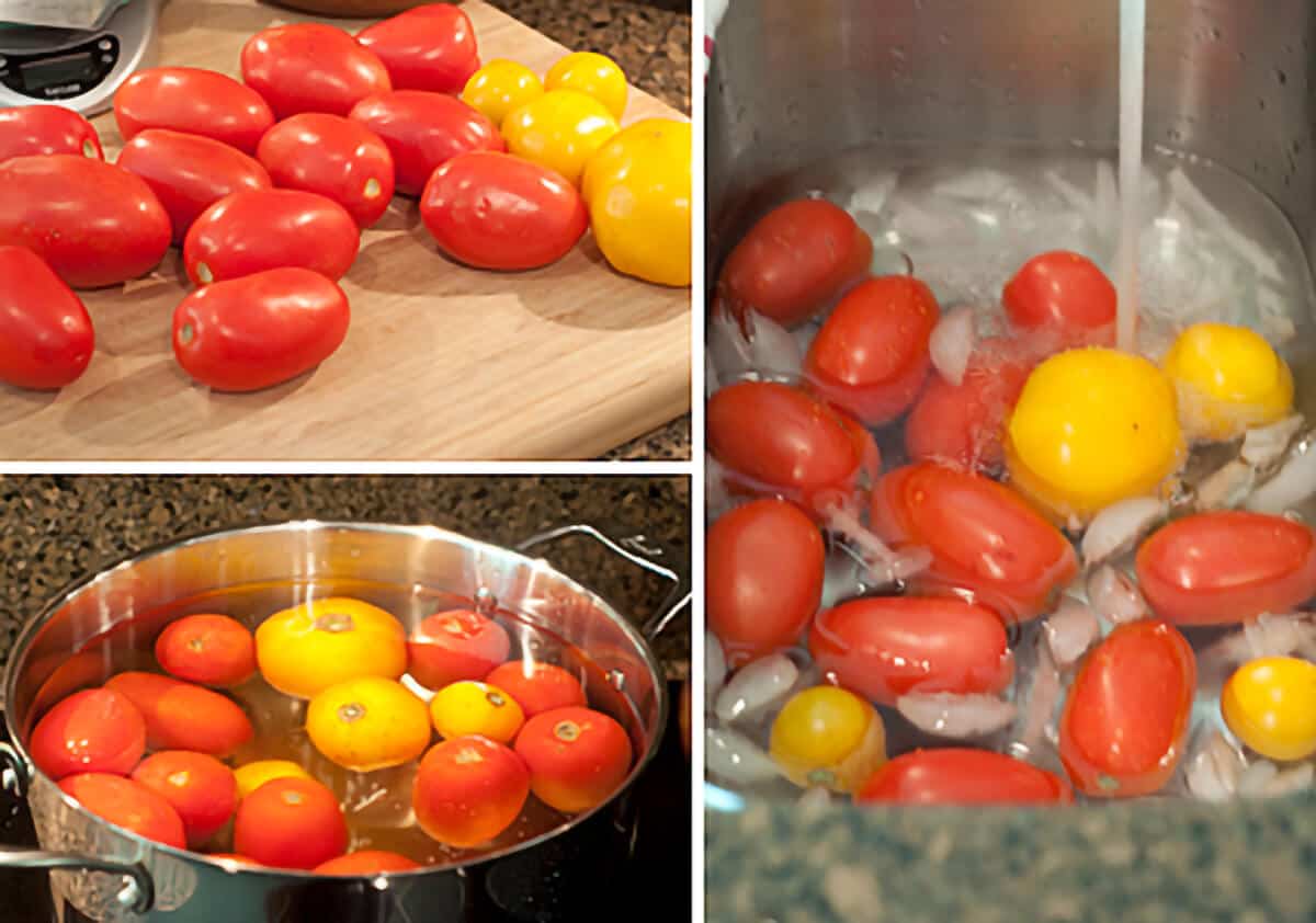 Prepping tomatoes for canning salsa Photo collage of tomatoes on a cutting board, in boiling water, and being cooled with ice and water.