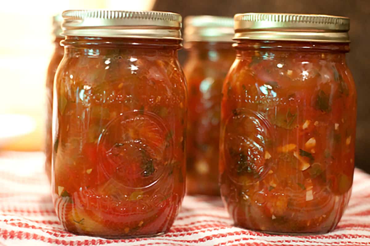 Finished jars of homemade canned salsa