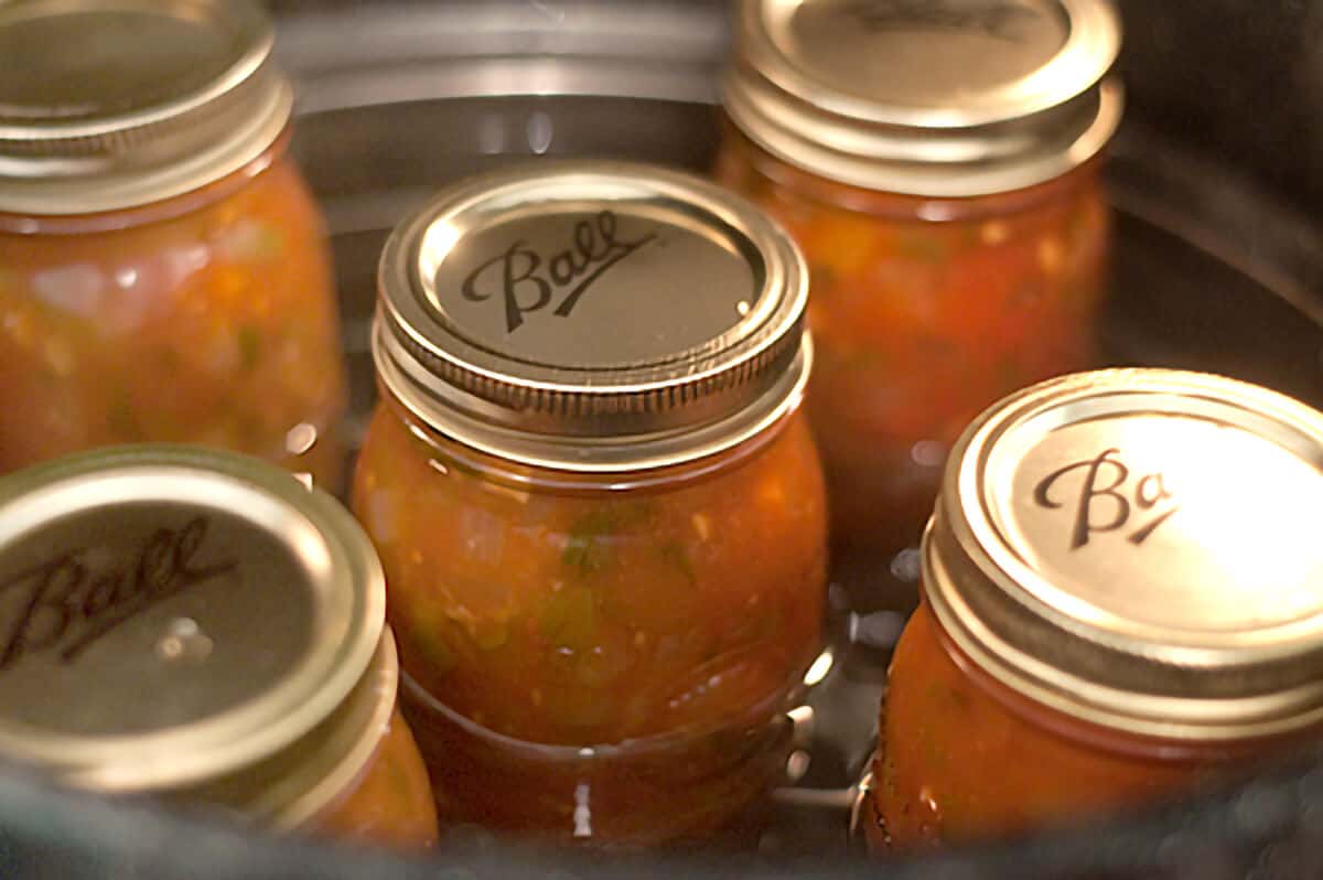 Jars of salsa going into the canner.