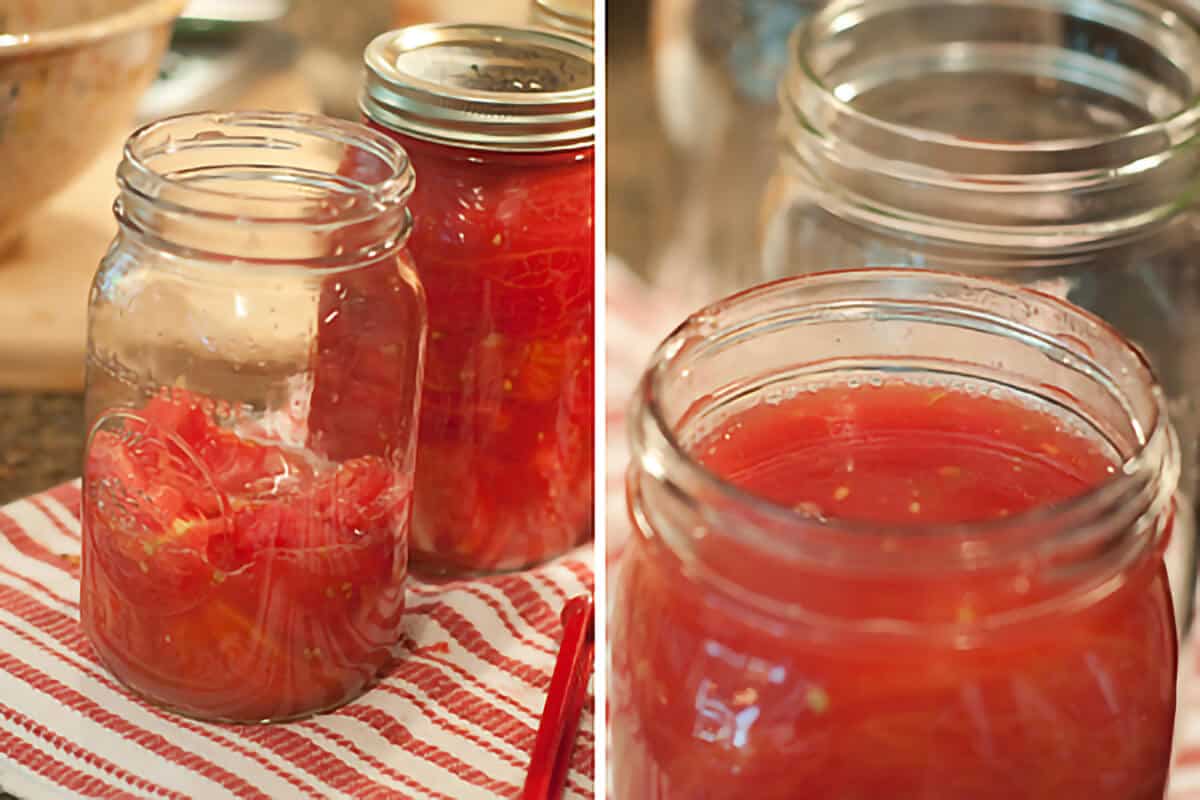 Filling the jars with quartered tomatoes.