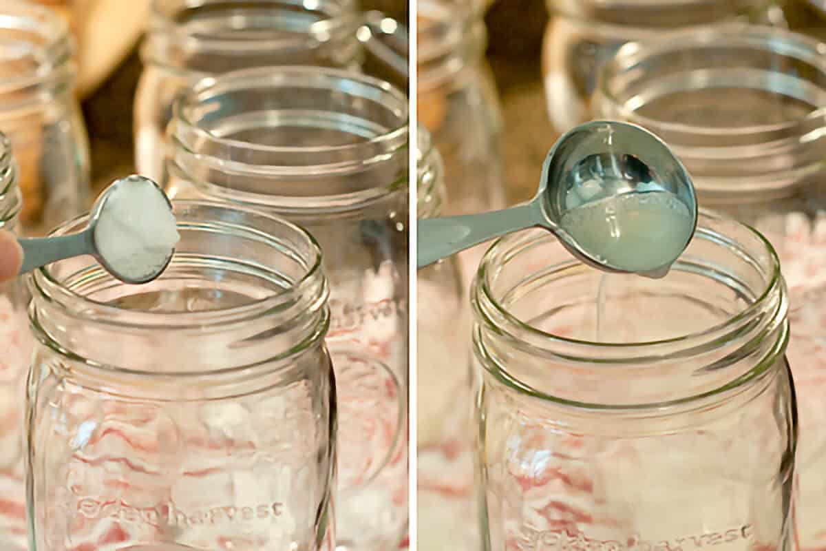 Adding salt and lemon juice to canning jars.