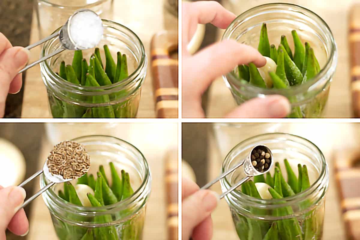 Preparing jars for pickled okra Photo collage showing the addition of spices and garlic to the jars of okra.