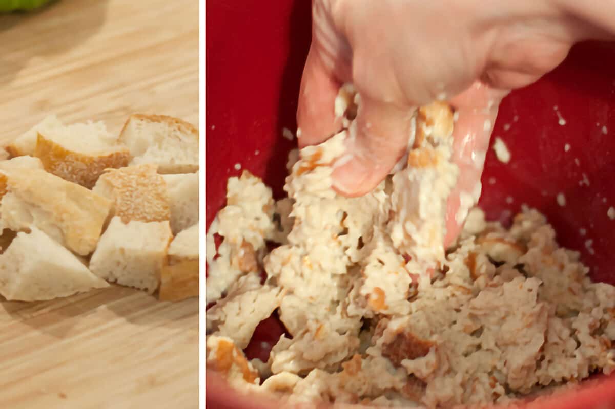 Mixing bread and milk in a bowl.