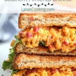 Pimiento Cheese sandwich on a white serving plate.