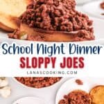 An open-faced sloppy joe sandwich on a toasted bun sits on a plate, with extra meat filling and additional plates of sloppy joes in the background.