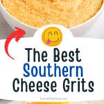 A white serving bowl filled with cheese grits.