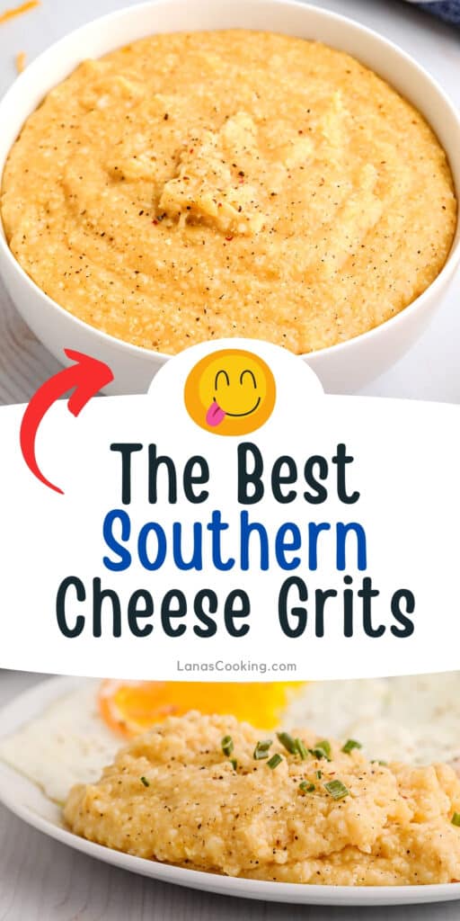 A white serving bowl filled with cheese grits.