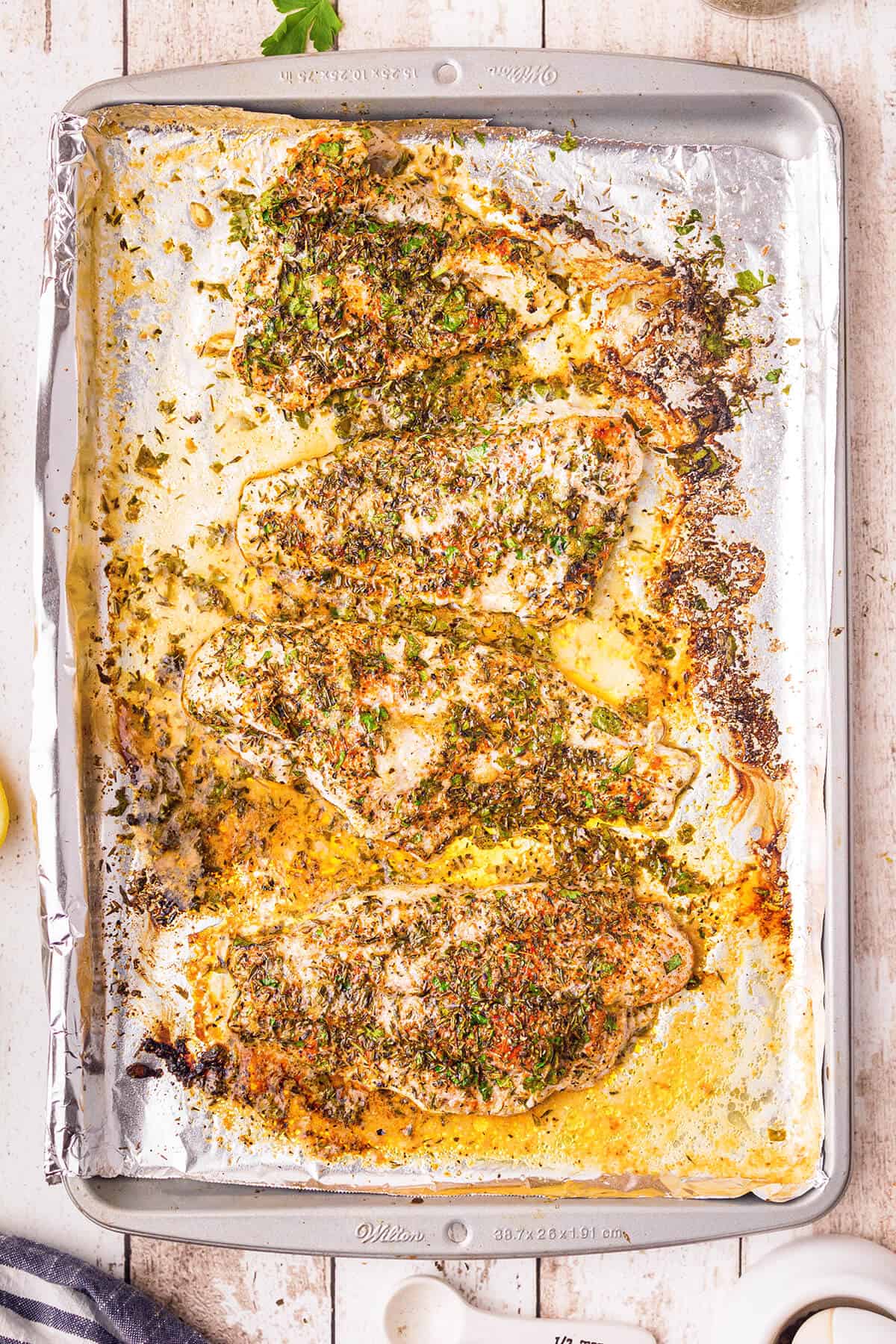 Fish fillets on the pan after cooking.