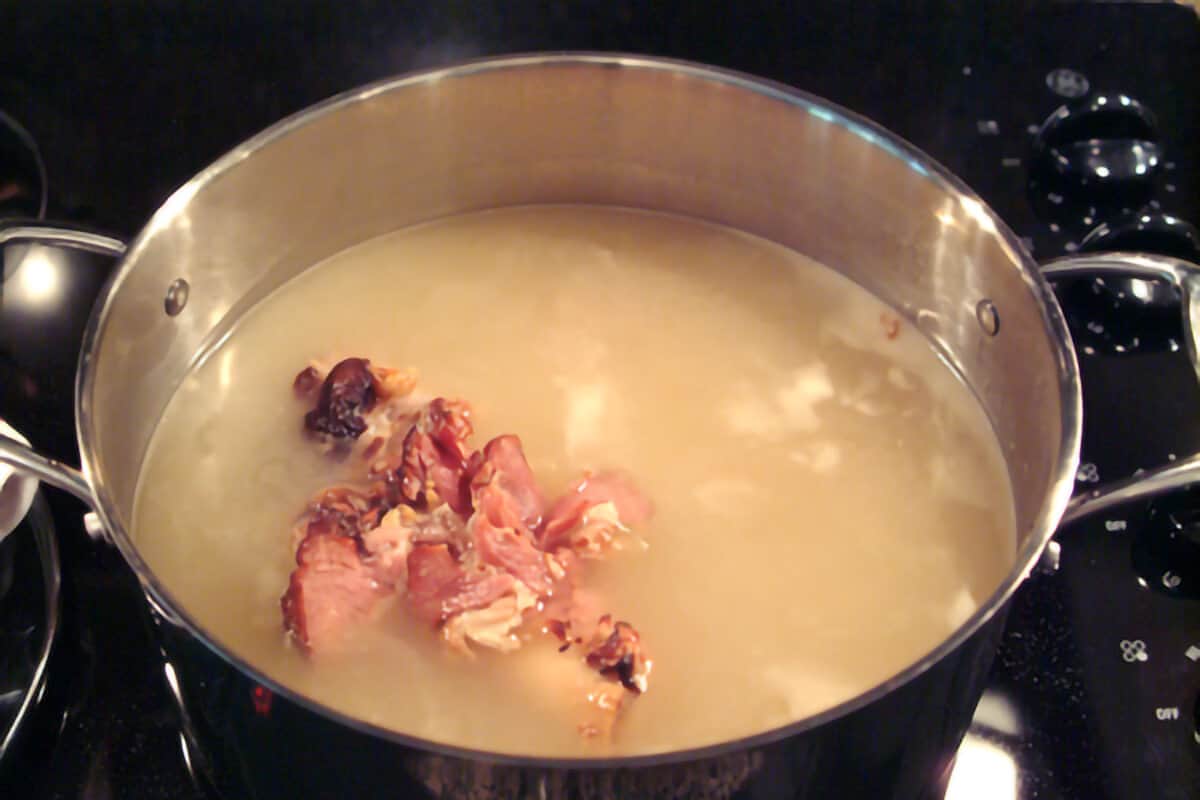 Completed ham broth in pot.