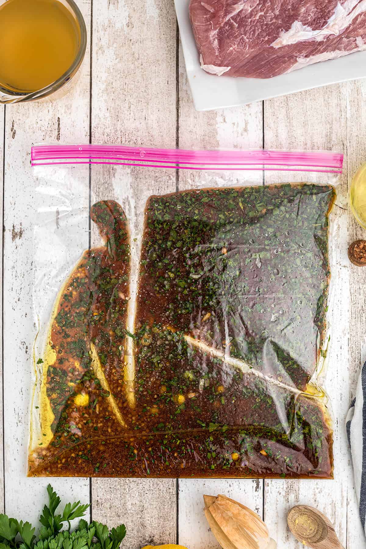 Marinade in a large zip-top bag.