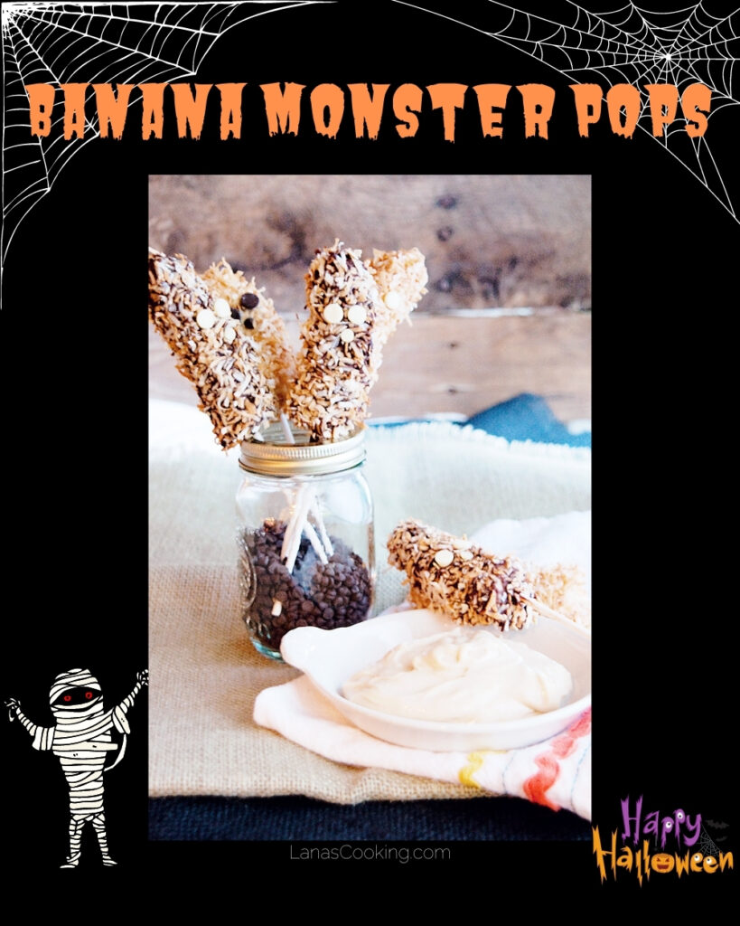 Banana Pops in a jar with a dish of cream cheese dip. Text overlay for pinning.