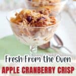 Two glass dishes with apple cranberry crisp dessert served over yogurt, with spoons on a tray.