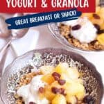 A patterned bowl filled with granola, yogurt, apple-pear compote, and raisins sits on a white surface. Another similar bowl and two metal spoons are in the background. Text labels the dish as a breakfast or snack.