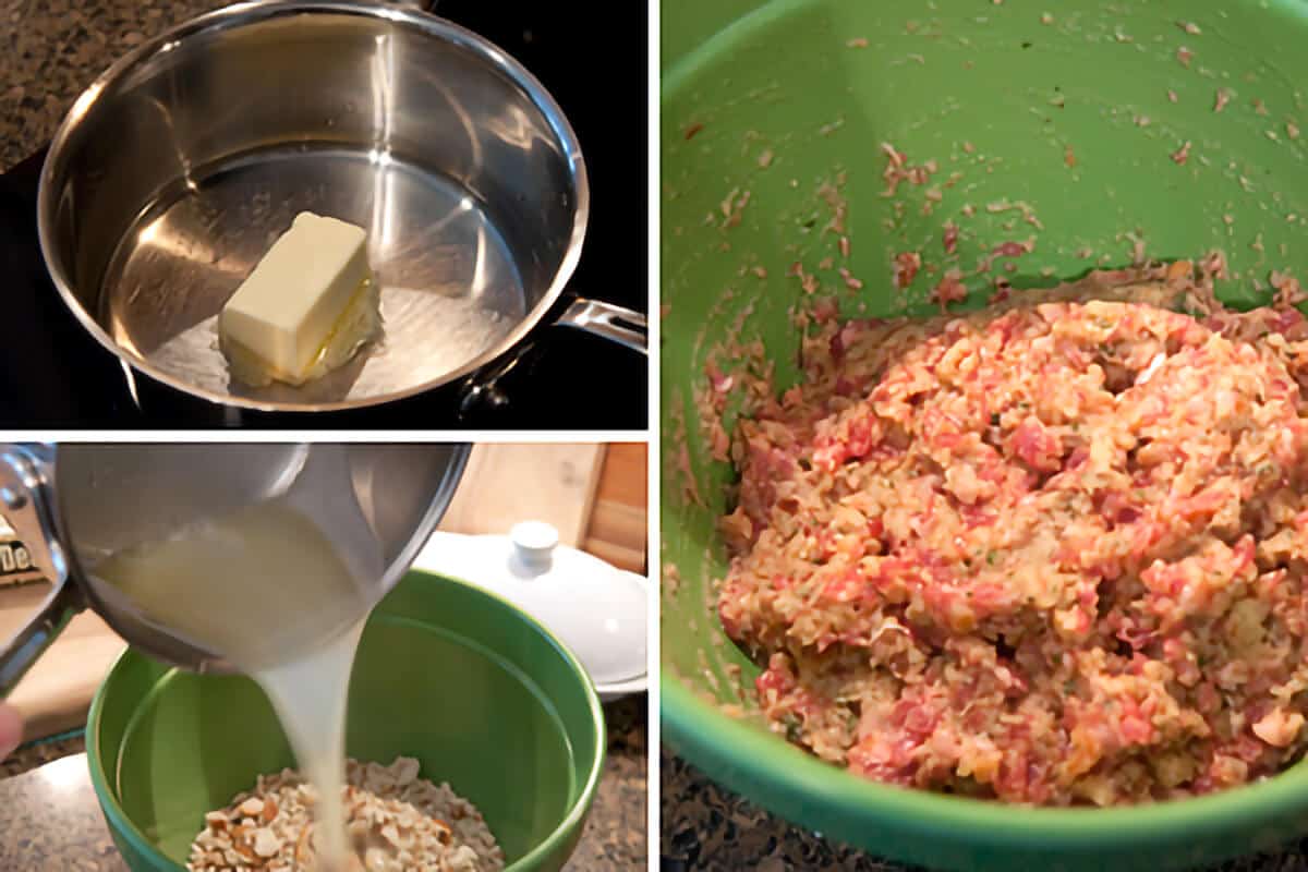 Photo collage illustrating the making of the sausage and stuffing mixture.