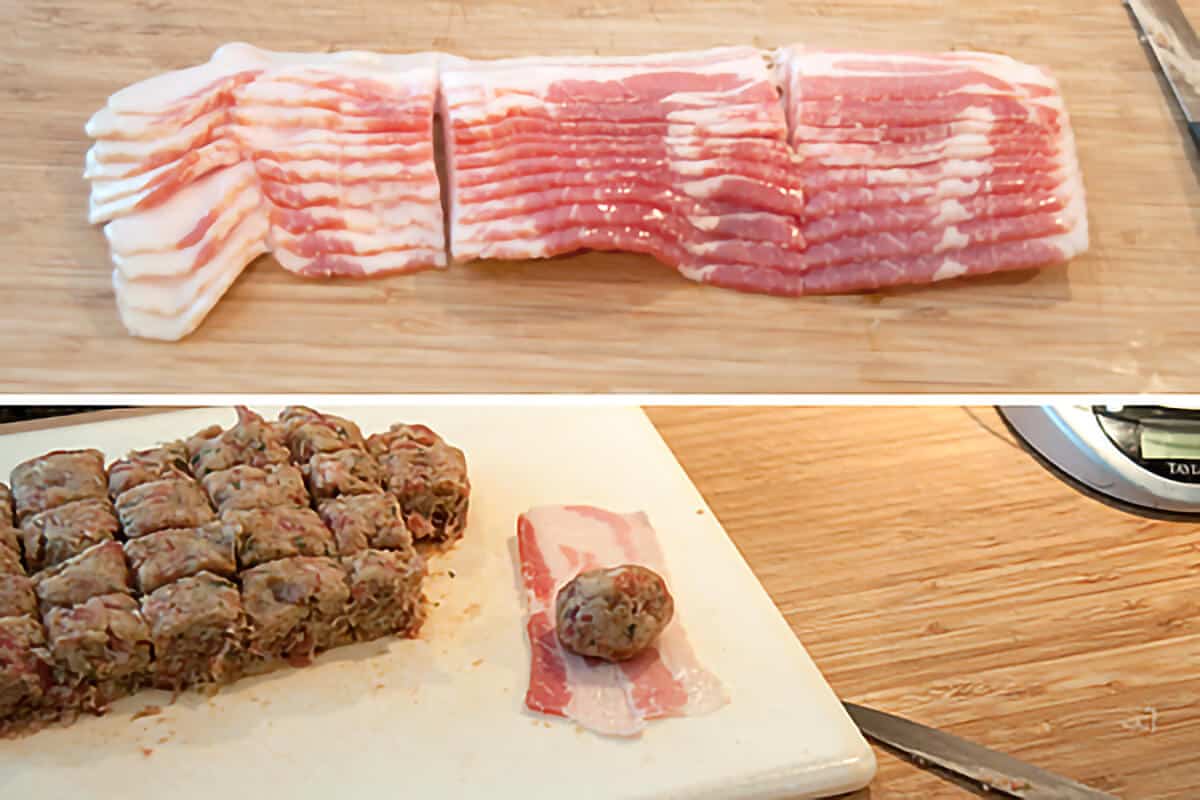 Top: Bacon cut into thirds; Bottom: Individual sausage balls being wrapped in bacon.