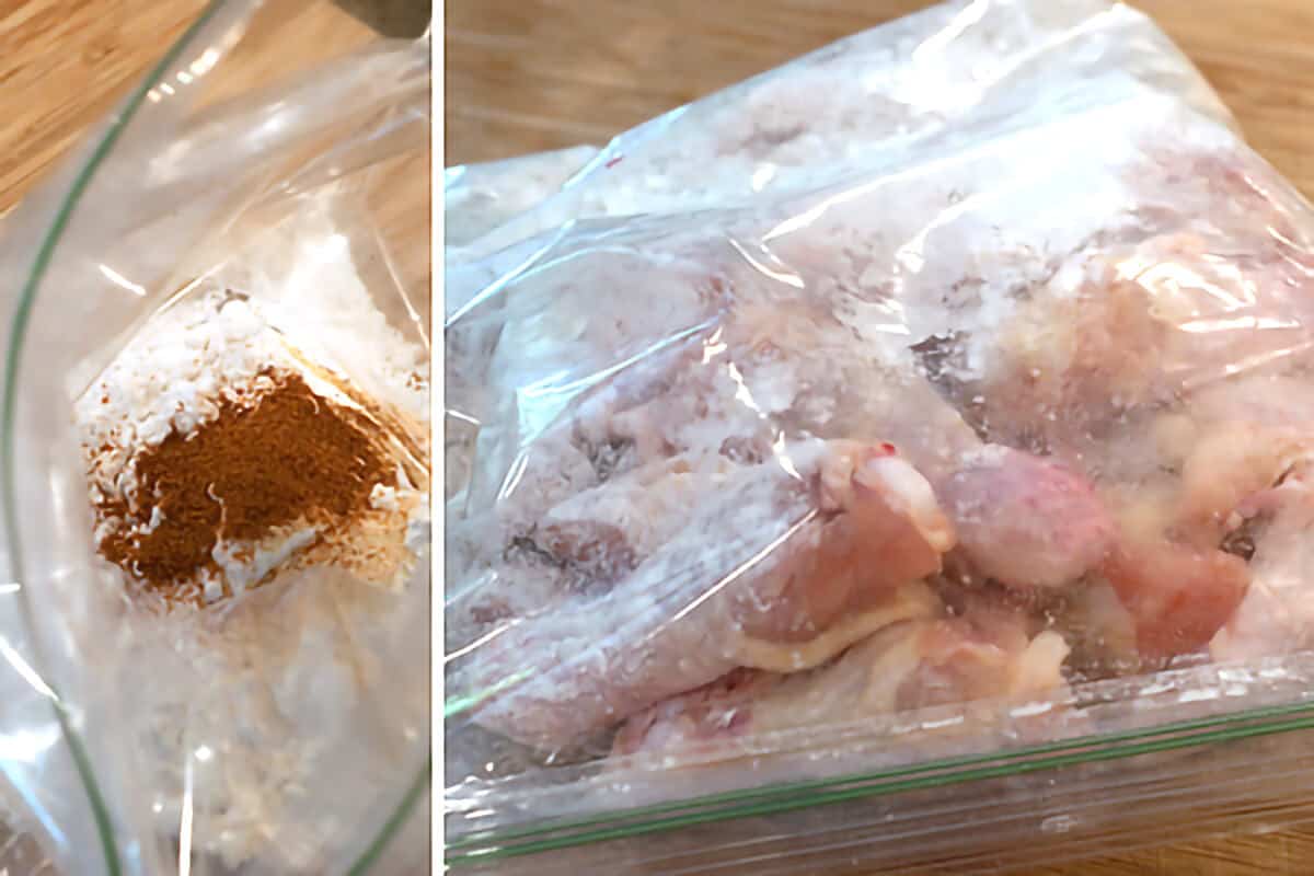 Flour coating in a sealable bag (left); Chicken wings added to the bag (right).