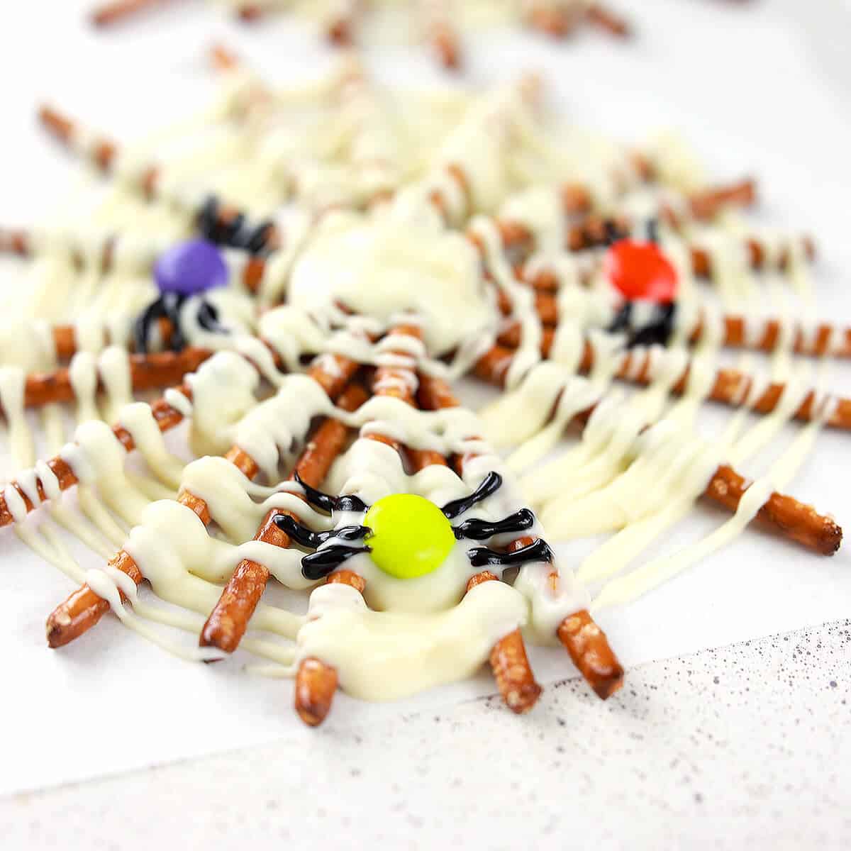 A white chocolate and M&M spider on a chocolate spiderweb.
