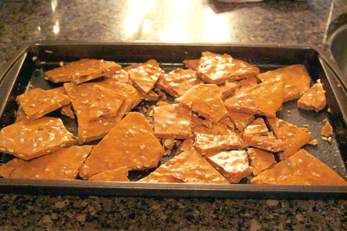Cooled brittle broken into pieces.