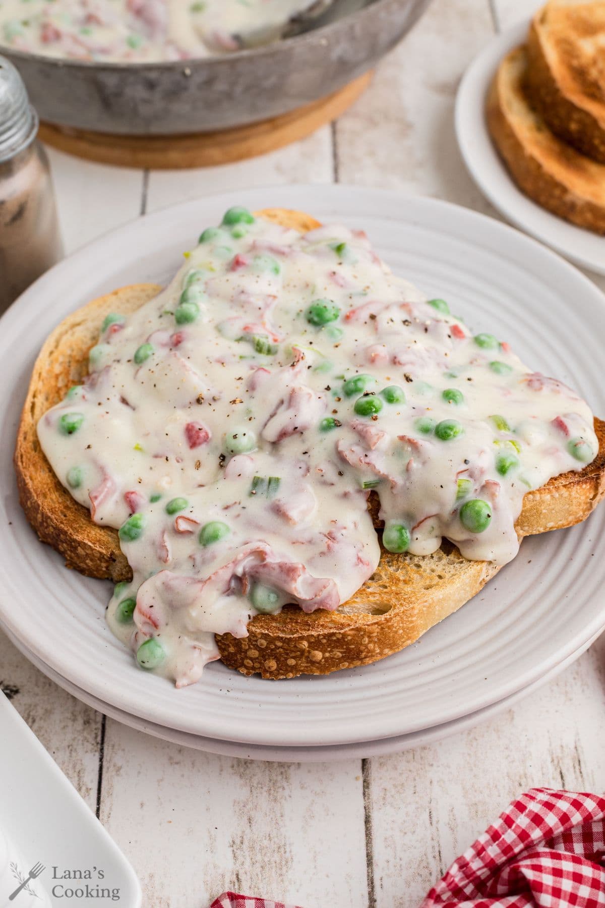 Creamed chipped beef on toast on a white plate.