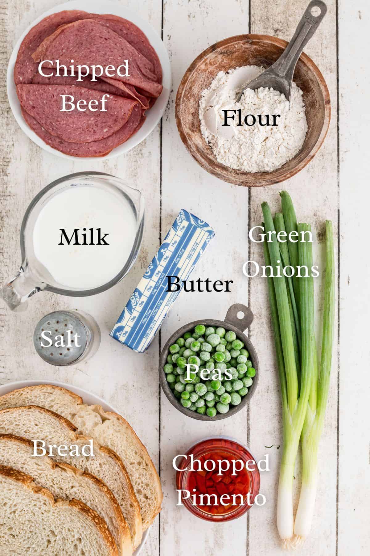 Ingredients for creamed chipped beef in separate containers.