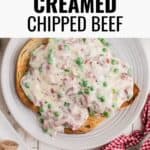 Creamed chipped beef on toast on a white plate.
