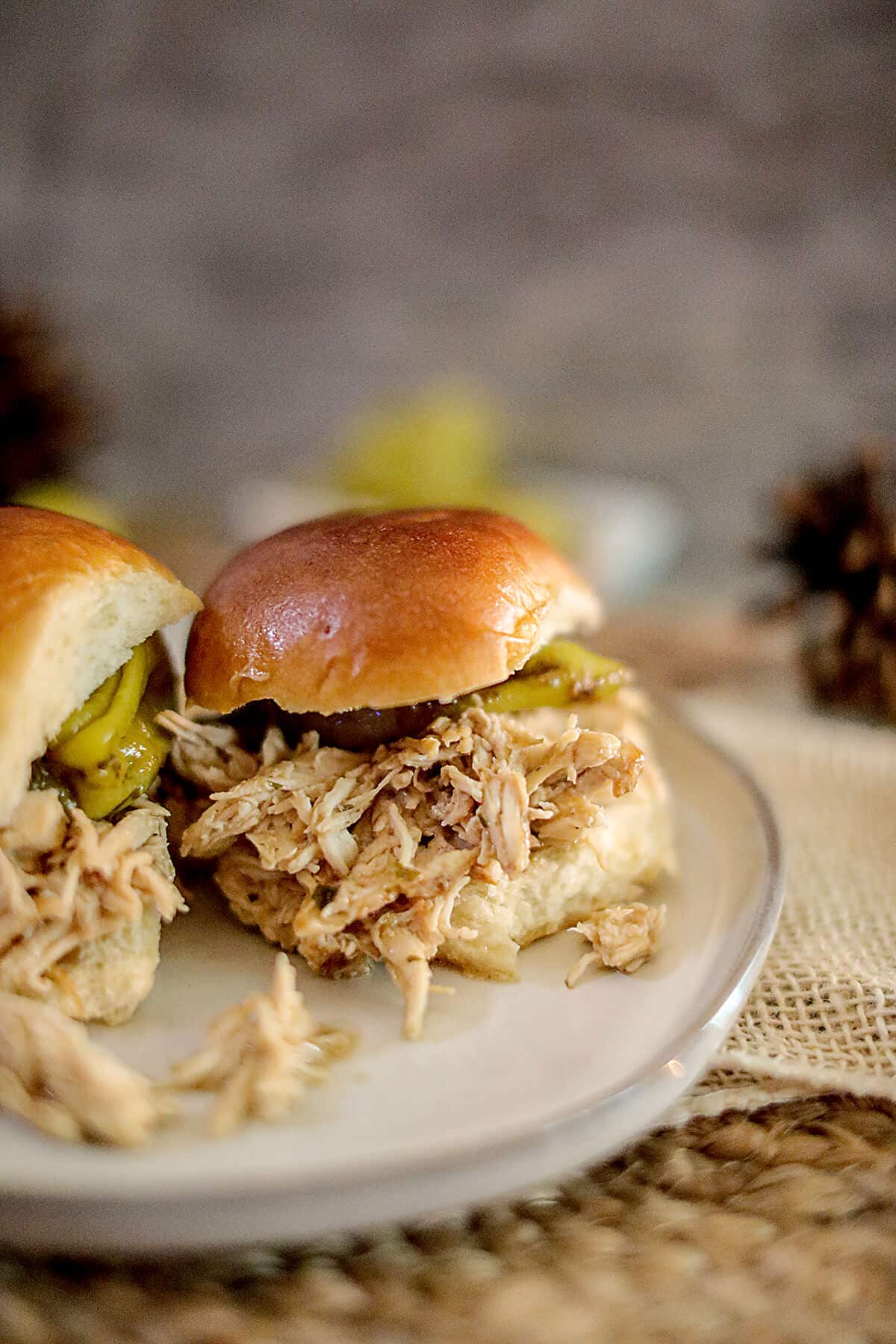 Two chicken sliders on a serving plate.