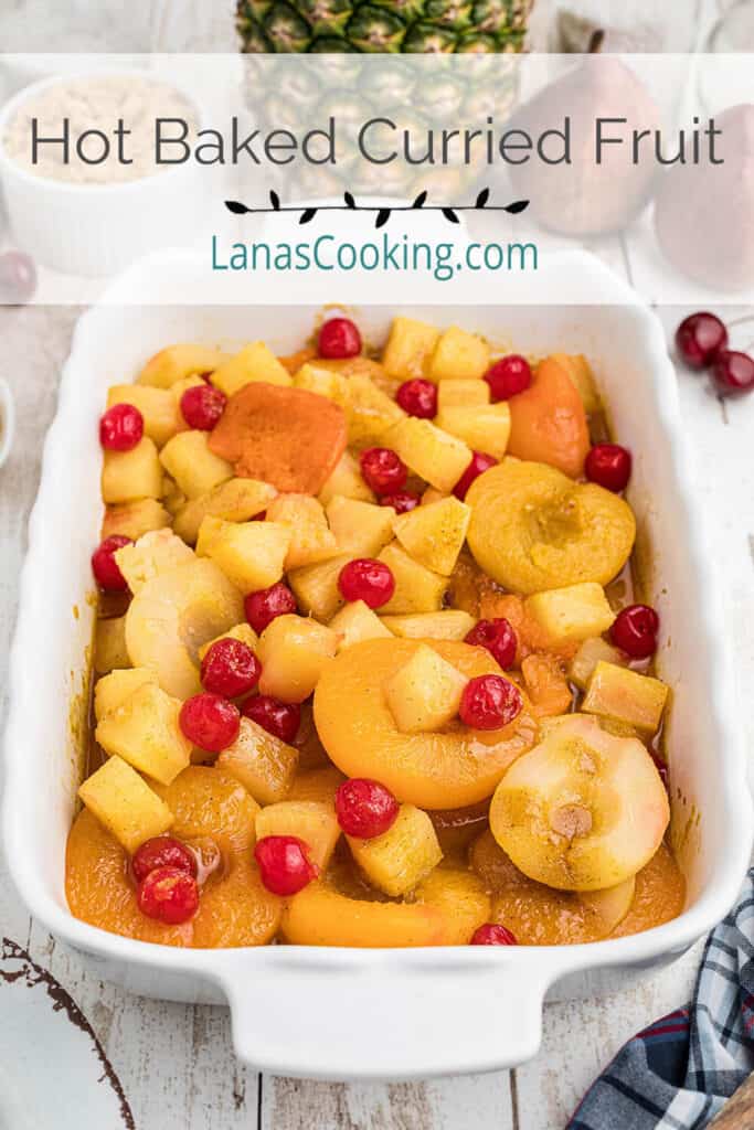 Finished baked fruit in a dish.