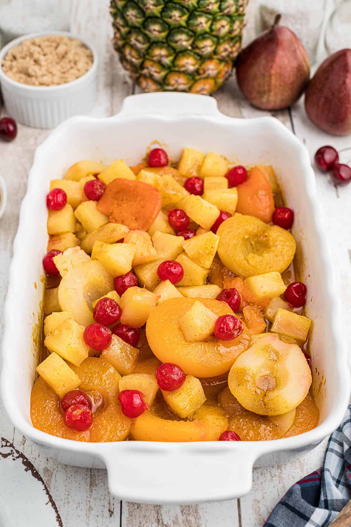 Finished baked fruit in a dish.