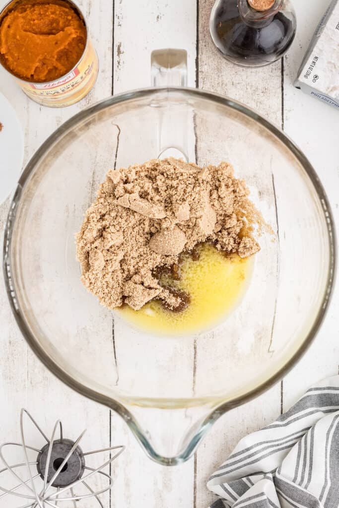 Butter and brown sugar in a mixing bowl.