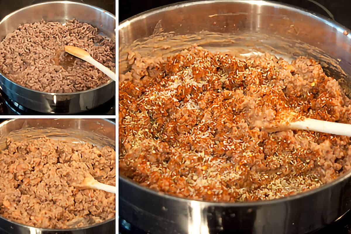 Collage showing steps for cooking the beef and beans.