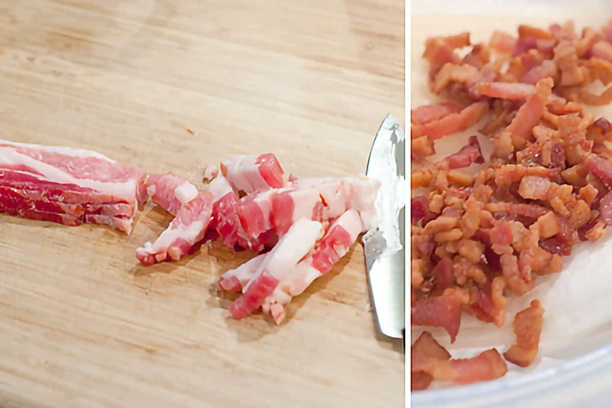 Chopped bacon (left); cooked bacon pieces (right).