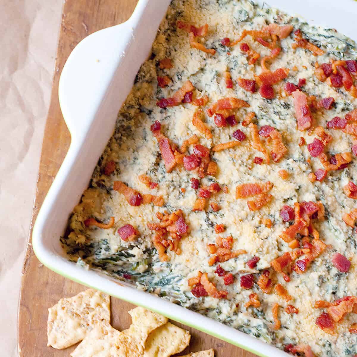 Warm turnip green dip in a baking dish.