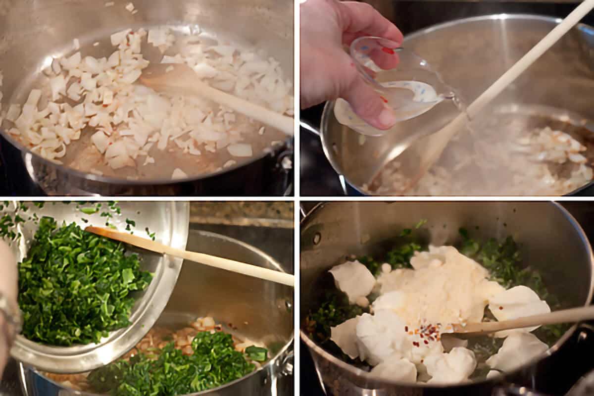 Photo collage showing cooking onion, garlic, and turnip greens.