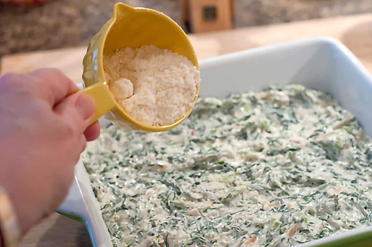 Dip mixture in a baking sheet with Parmesan sprinkled over top.