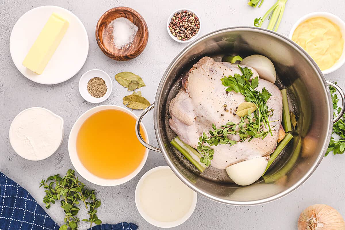 Chicken and seasonings added to a large pot.