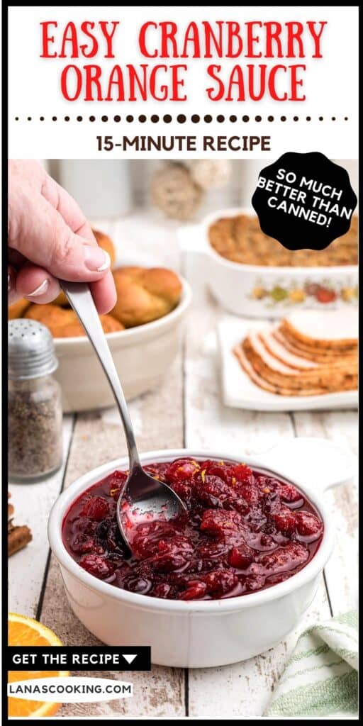 Cranberry orange sauce in a white serving dish with a spoon.