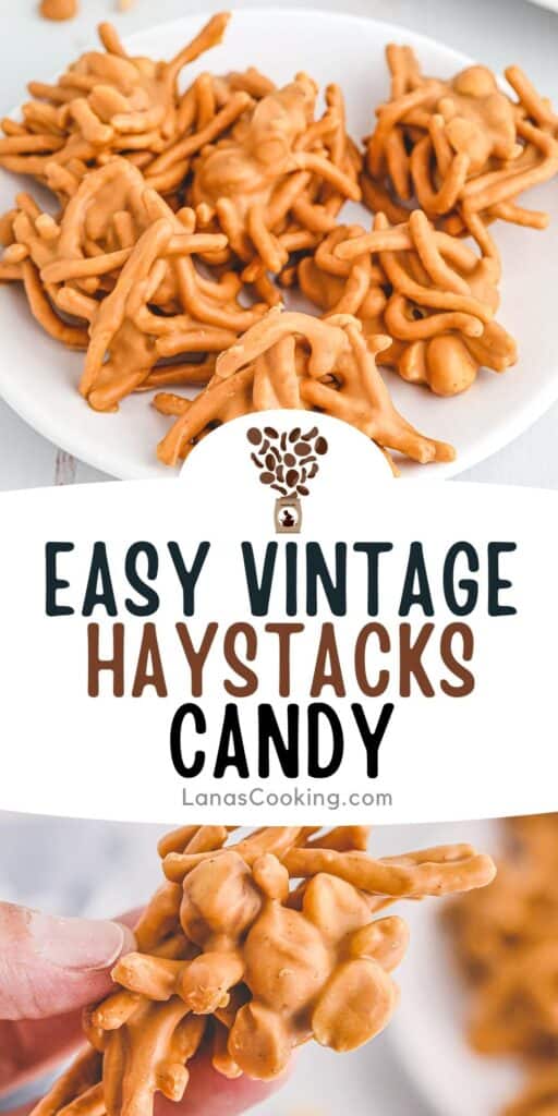 Finished haystacks candy on a white serving plate.