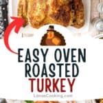 Oven Roasted Turkey with Gravy on a white serving platter. Text overlay for pinning.
