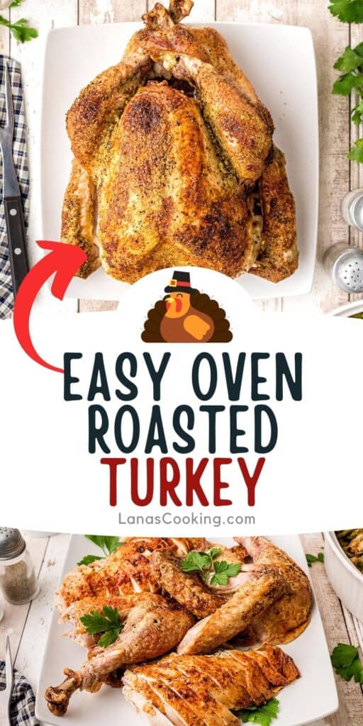 Oven Roasted Turkey with Gravy on a white serving platter. Text overlay for pinning.