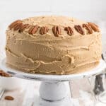 Southern caramel layer cake on a white cake stand.