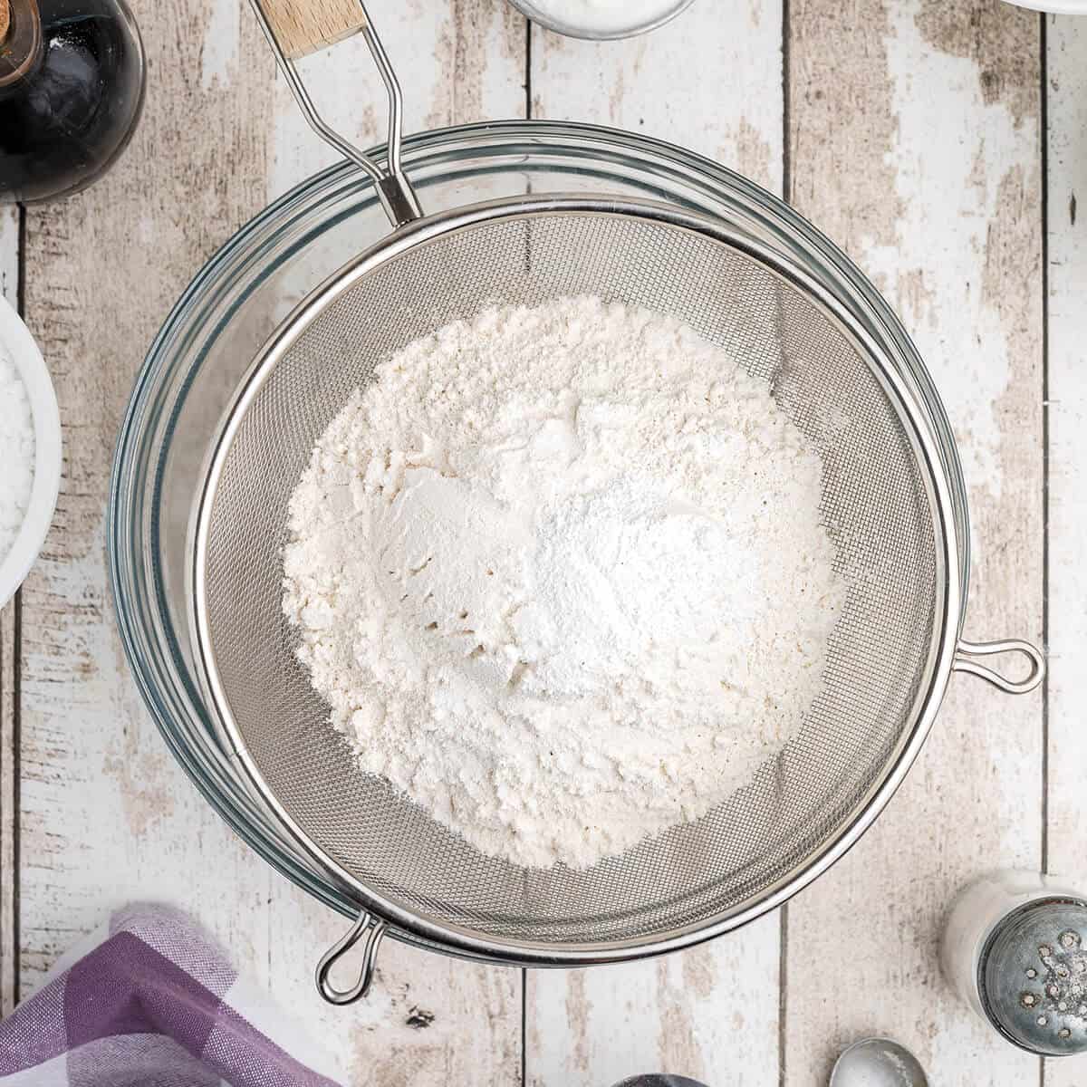 Dry ingredients in a sifter.