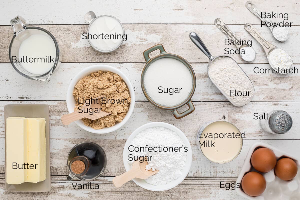 Labeled baking ingredients on a table, including flour, sugar, butter, eggs, milk, and vanilla.