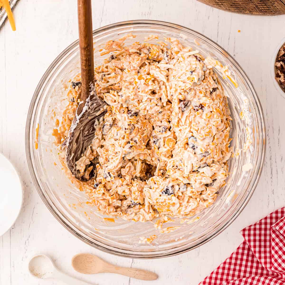 Cheese ring ingredients stirred well in a mixing bowl.